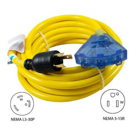 Conntek SJTW Locking Extension Cord, 10 AWG, 10/3, 3 Outlets, 5-15R, Yellow, L5-30P, 25 ft 20311-025